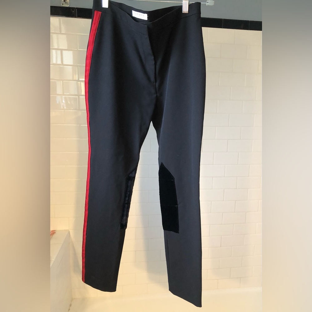 Sandro stretchy pants.Riding style w/velvet patches at knees,andred side stripes